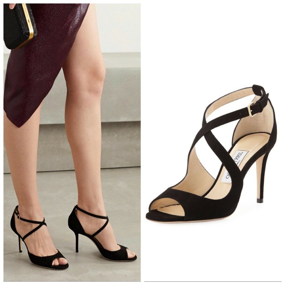 NEW JIMMY CHOO Emily 85 Crisscross Heel Sandal Black Suede EU 37 US 7